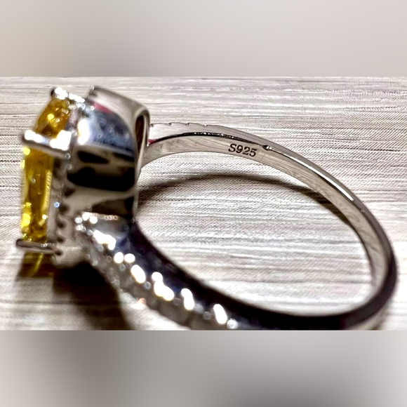 Sterling Silver Canary Yellow Citrine & Cubic Zirconia Halo Ring, Size 6 - Picture 6 of 9